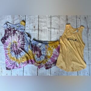 PINK Victoria's Secret Tie-Dye and Yellow Tops and Shorts Bundle